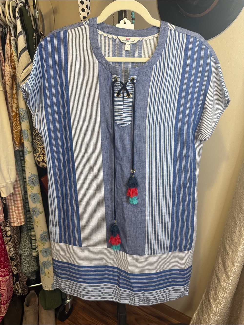 Vineyard Vines Blue & White Striped Tassel Tunic Dress
